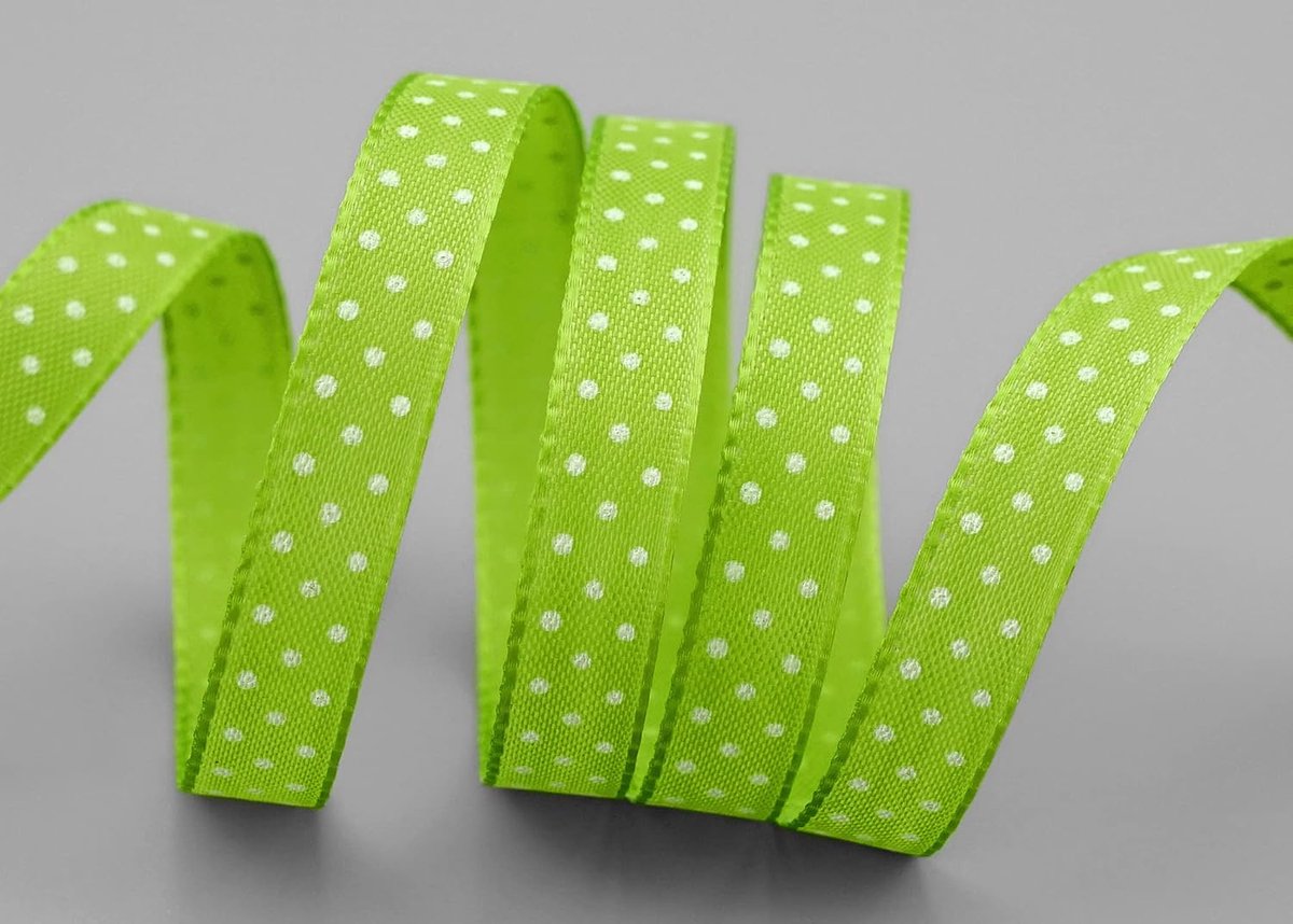 25 m x 10 mm taftlint, enkelzijdig bedrukt met stippen, appelgroen, groen, vormvast, zonder draad, decoratieband, lint, cadeaulint, Pasen, voorjaar, kinderen, gestippeld, vrolijk