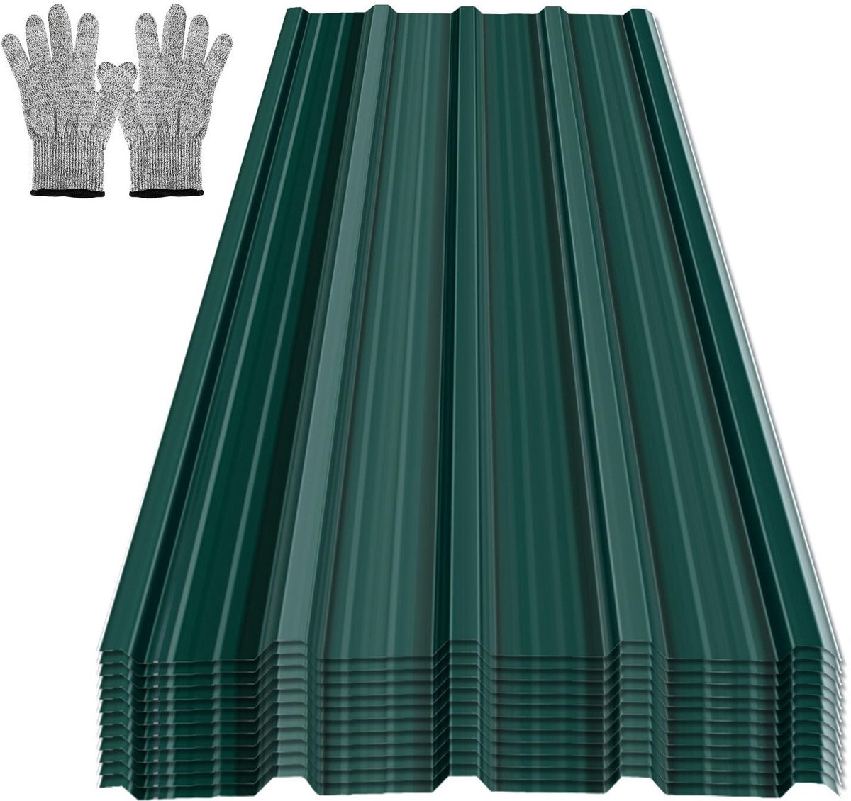 12 stuks, 129 x 46 cm, dakplaatset ca. 7 m², dakplaten van verzinkt staal, 0,25 mm, voor tuinhuis, carport, schuur, dakbekleding incl. snijbeschermingshandschoenen, groen