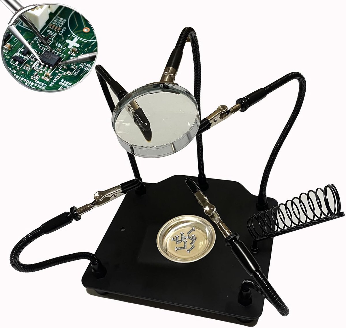Helping Hands met loep Third Hand Stand Soldeergereedschap PCB-houder Soldeerkit voor printplaten - Zware uitvoering basisplaat | Vier flexibele armen