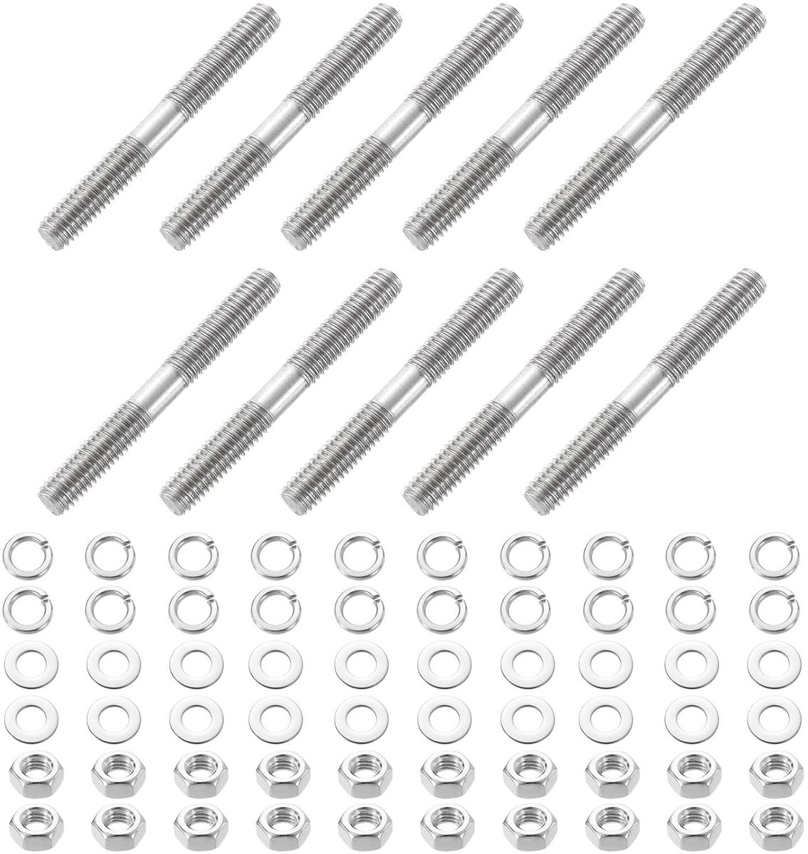 Dubbelzijdige schroefdraadpennen, M6 x 50 mm, 304 roestvrij staal, dubbele schroefdraad, staafbouten met moeren en platte en borgringen, dubbelzijdig, voor thuisonderhoud, 10 stuks