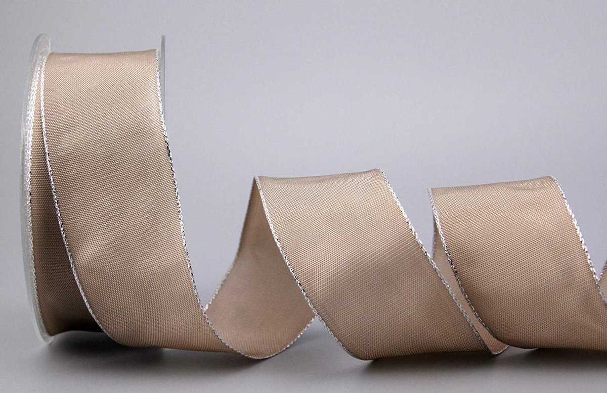 25 m x 40 mm Dekoband "Fairy Tale" TAUPE ZILVER draadrandband met Lurex metaalgaren lint gouden rand zilveren rand cadeaulint Kerstmis stoffen lint metallic glanzend