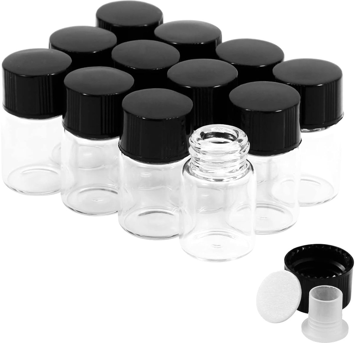 2ml Clear Glass Vials with Screw Caps and Plastic Stoppers, 1/2 Dram Small Liquid Sample Vial, Leak-Proof Vial, 12PCS