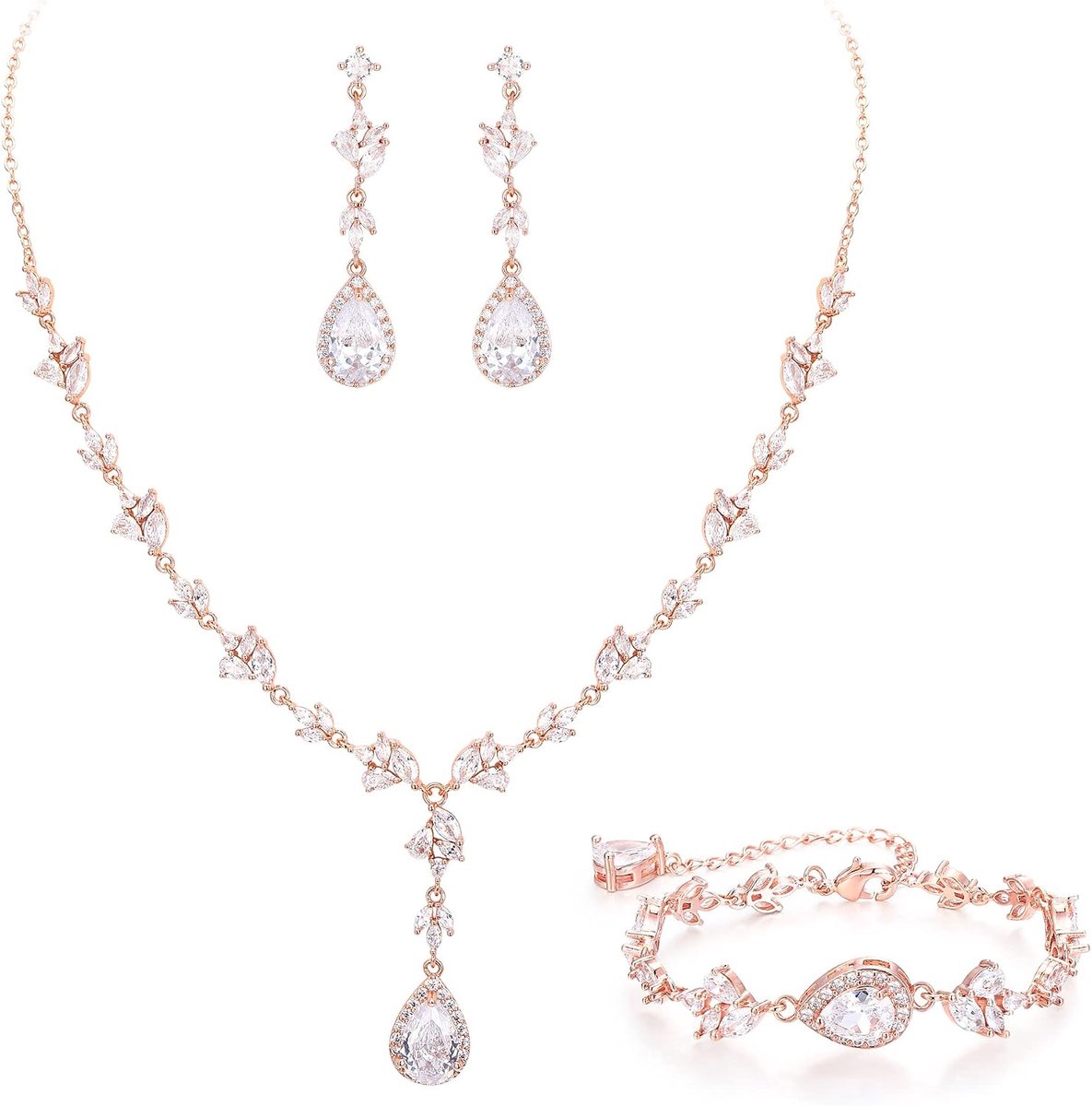 Zirkonia-bruiloftssieradenset voor bruid, druppelvormige Marquise CZ-bladsieradenset voor dames, bruidsmeisjes, eindejaarsbal, formele kleding, helder roségoud