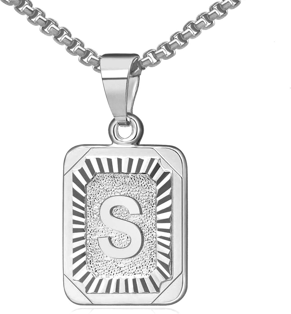 Letterketting met hanger, zilver, dames en heren, letters A-Z, roestvrij staal, vierkante vorm, alfabet hanger, halsketting met 56 cm tarweketting voor mannen en vrouwen, Roestvrij staal
