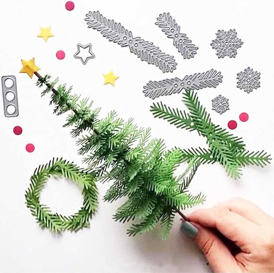 Set van 14 kerststansvormen, sneeuwvlokken, 3D-kerstboom, sneeuwpop, kerstman, rendier, stempelsjablonen, voor doe-het-zelf plakboek, album, papieren kaart, taartdeksel, knutselen — afbeelding 4