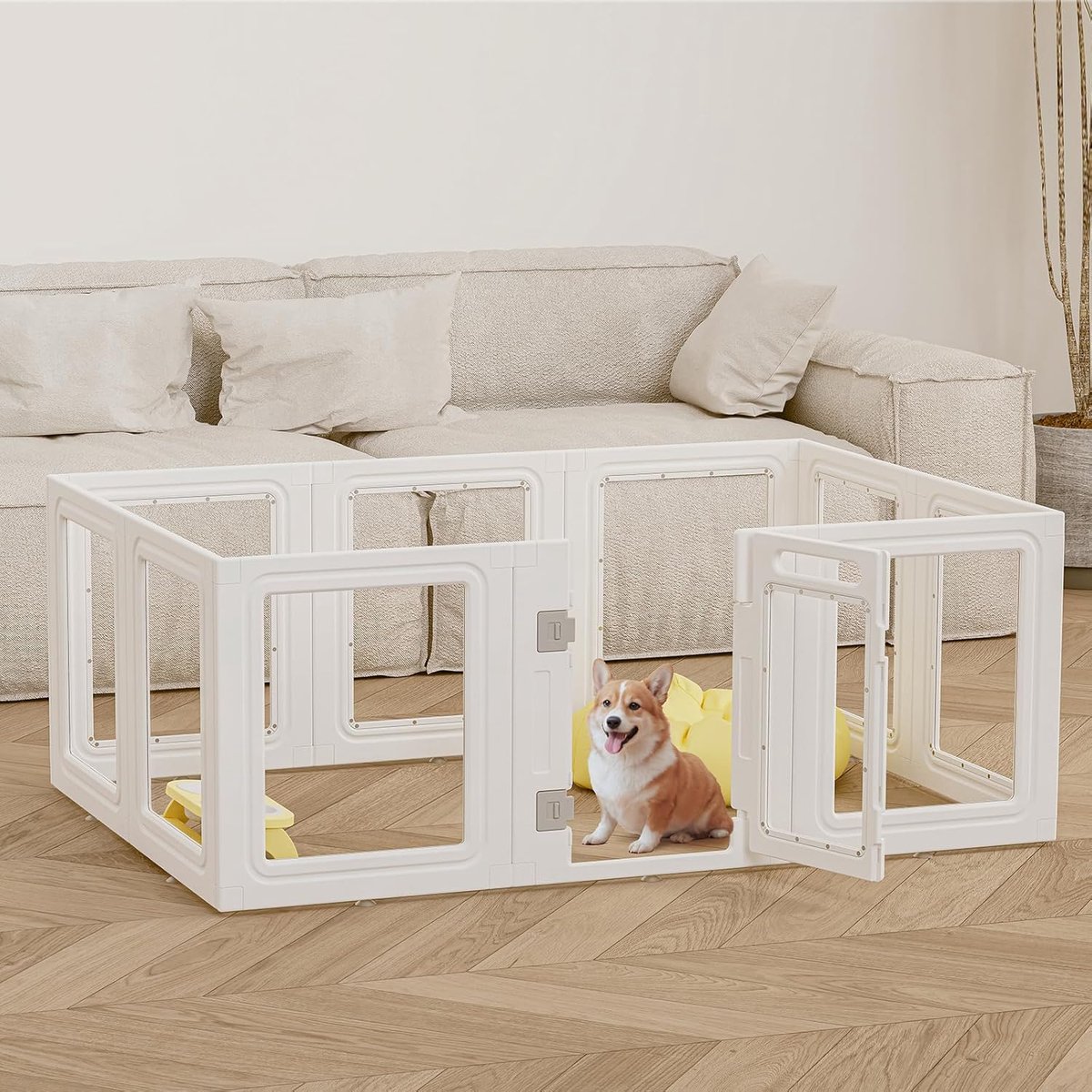 Puppyren, hondenren opvouwbaar met deur, puppyren voor woning, stevig en glad, eenvoudige installatie, wit (150 x 104 cm)