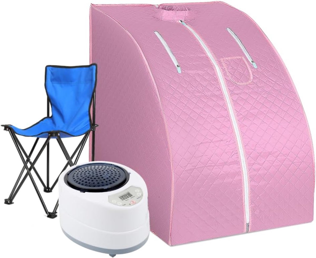 1000 W draagbare en opvouwbare stoomsauna met stoomcabine, stoomgenerator, afstandsbediening, klapstoel, 9 temperatuurniveaus, sauna, spa, draagbaar, voor thuis, 88 x 76 x 100 cm, roze