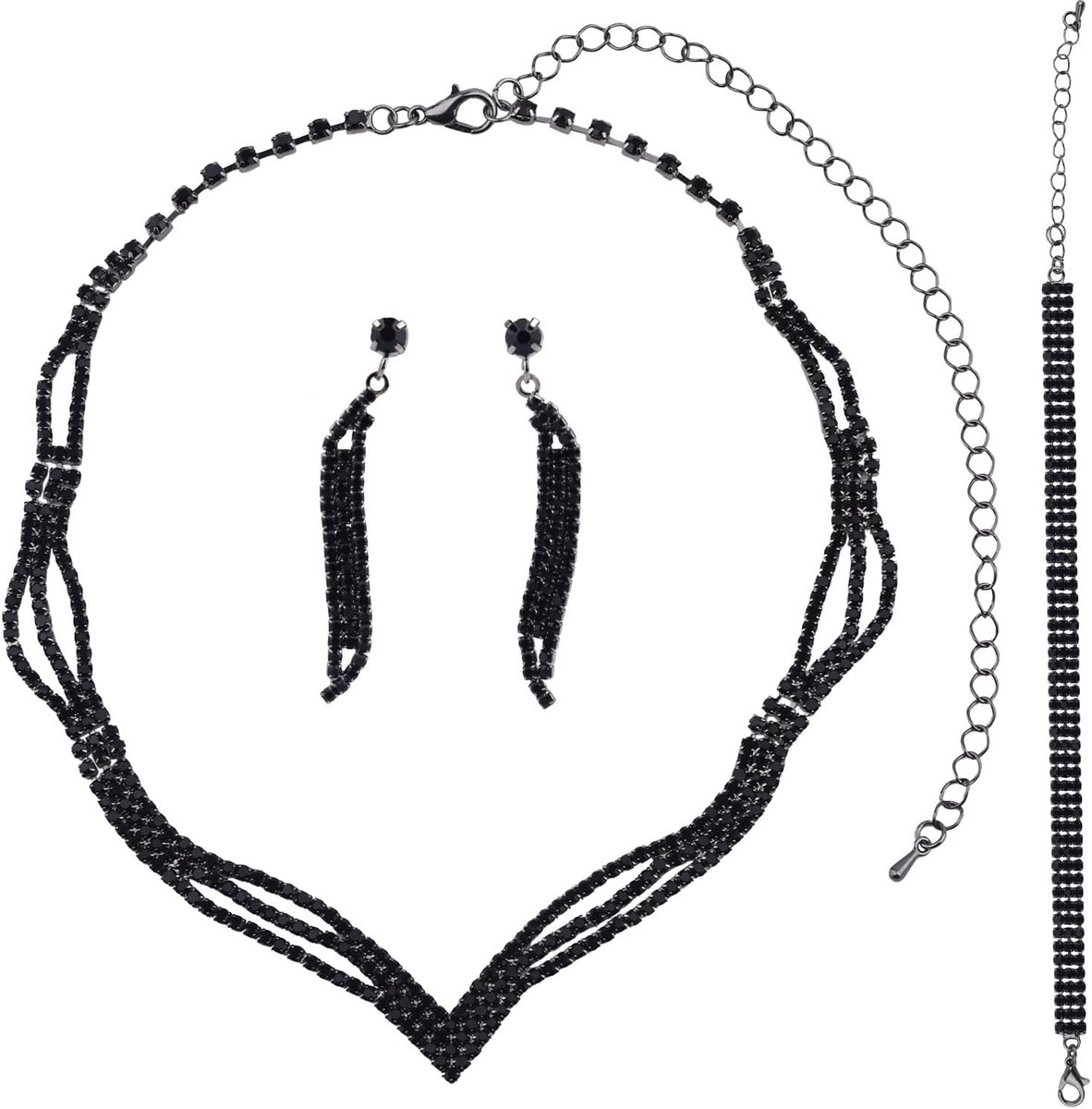 3st Zwarte Strass Bruids Sieradenset voor Vrouwen, Sprankelende Bruiloft Ketting Oorbellen & Armband Set, Elegante Verloving Gala Feest Accessoires voor Bruid Bruidsmeisjes Cadeaus