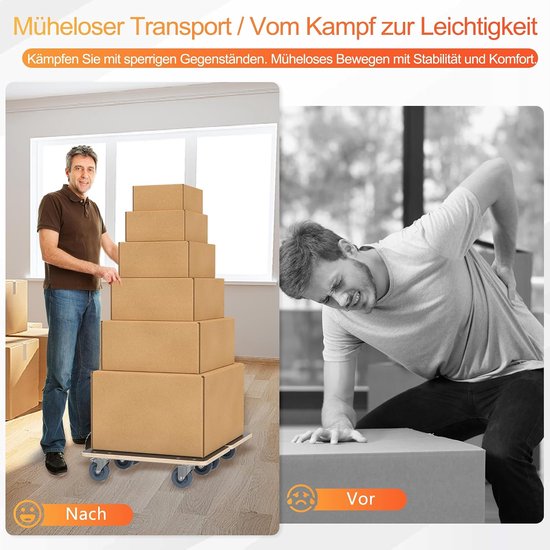 Rolplank, transportroller, 2 stuks, transporthulp met 2 parkeerrem, meubelroller van hout, rolwagen voor meubeltransport, 200 kg belastbaarheid per platform met 360° rol, 600 x 400 x 145 mm — afbeelding 4