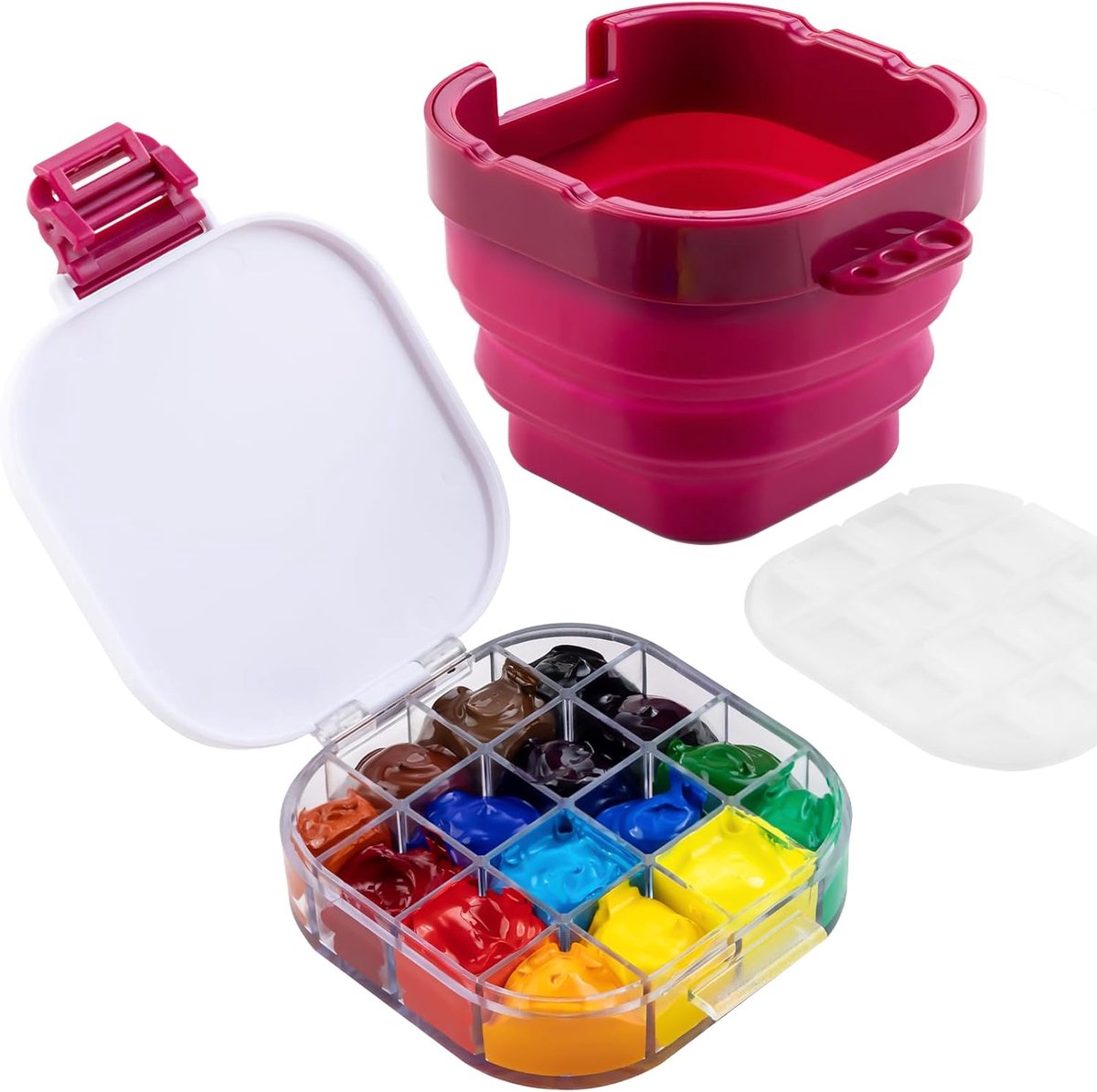 Kleurenpaletbox met 16 sleuven met opvouwbare borstelsluitring, draagbaar 3-in-1 luchtdicht kleurenspaarpalet met penseelreiniger en penseelhouder voor aquarel, olie, acryl, gouache schilderen,