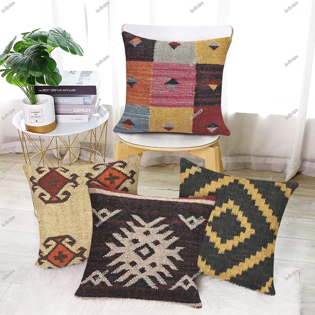 Kussenhoes 45x45 cm - Gehaakt Wol Jute - Handgemaakt Kilim Design - Voor binnen en buiten - SnelShoppen