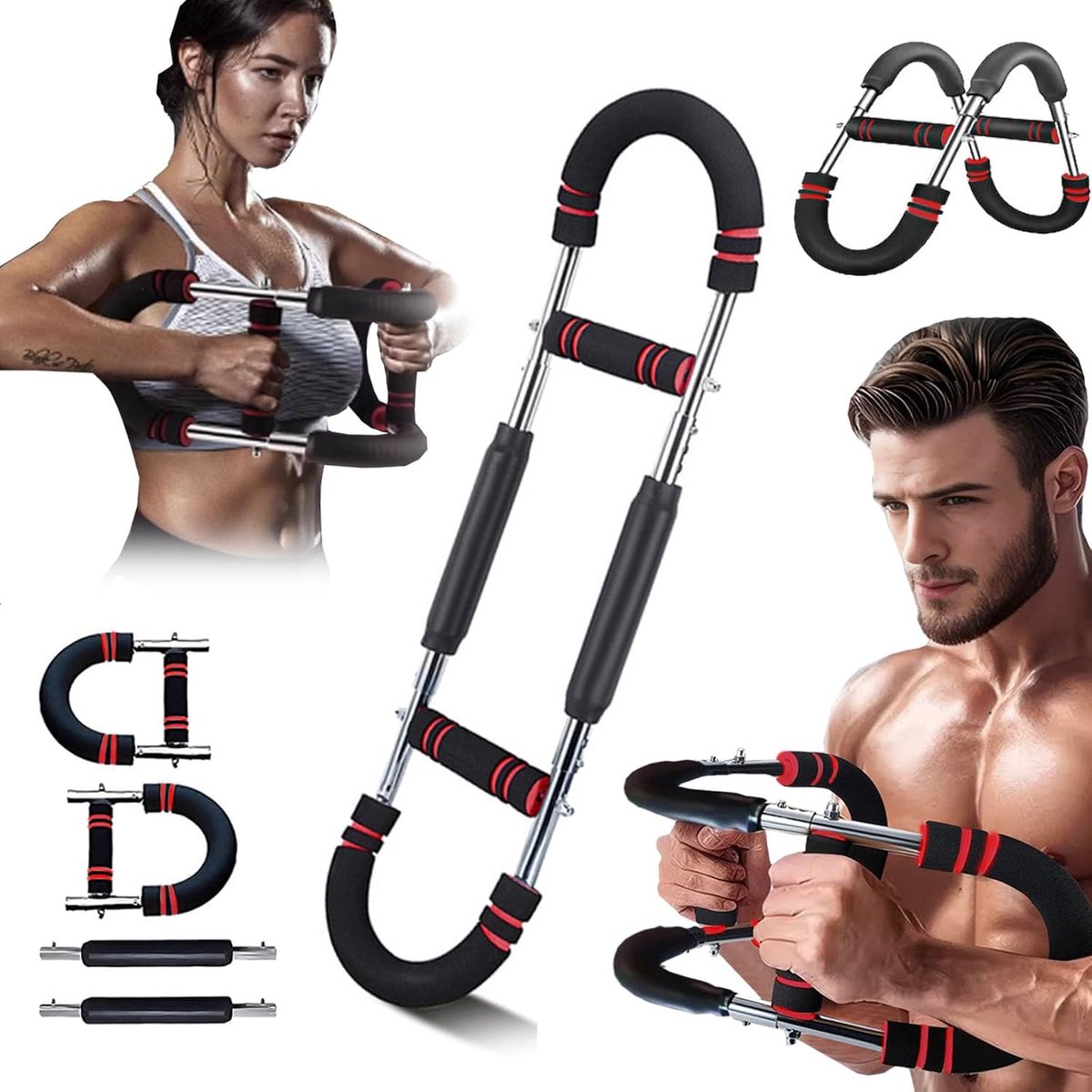 Verstelbare onderarmtrainer voor de borst (30-50 kg, 70-110 pond), met afneembaar design voor mannen en vrouwen, thuis, kantoor en reizen, zwart/rood