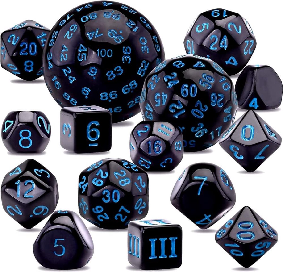 15-delig compleet polyhedral dobbelstenenset D3-D100 speldobbelstenenset voor rollenspellen, tafelspellen, zwart en blauw
