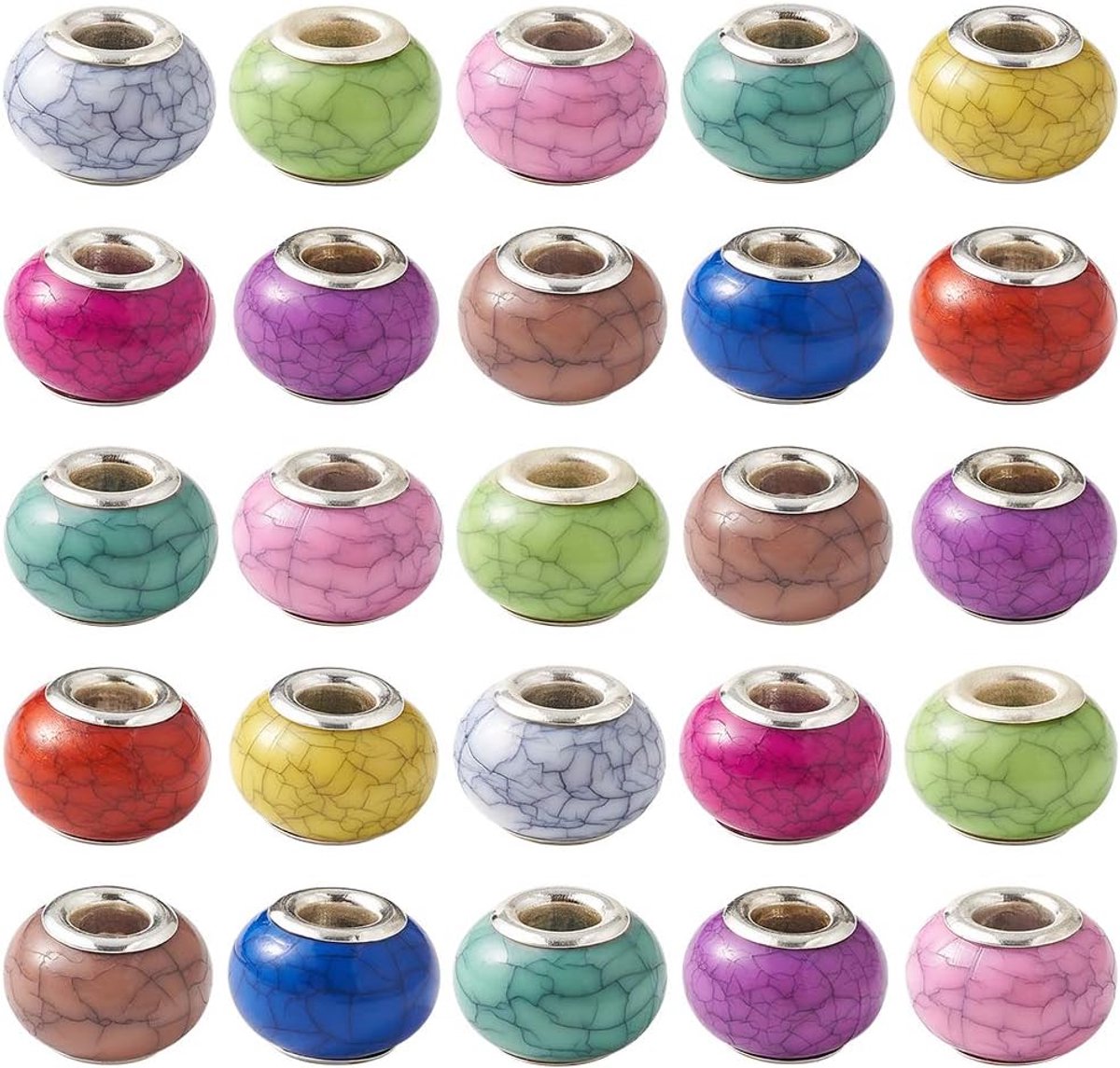 100 stuks groot gat acryl Europese spacer kralen 14 x 9,5 mm faux turquoise dia bedel rondelle kralen met metalen kern willekeurige gemengde kleuren voor slang ketting armband sieraden maken