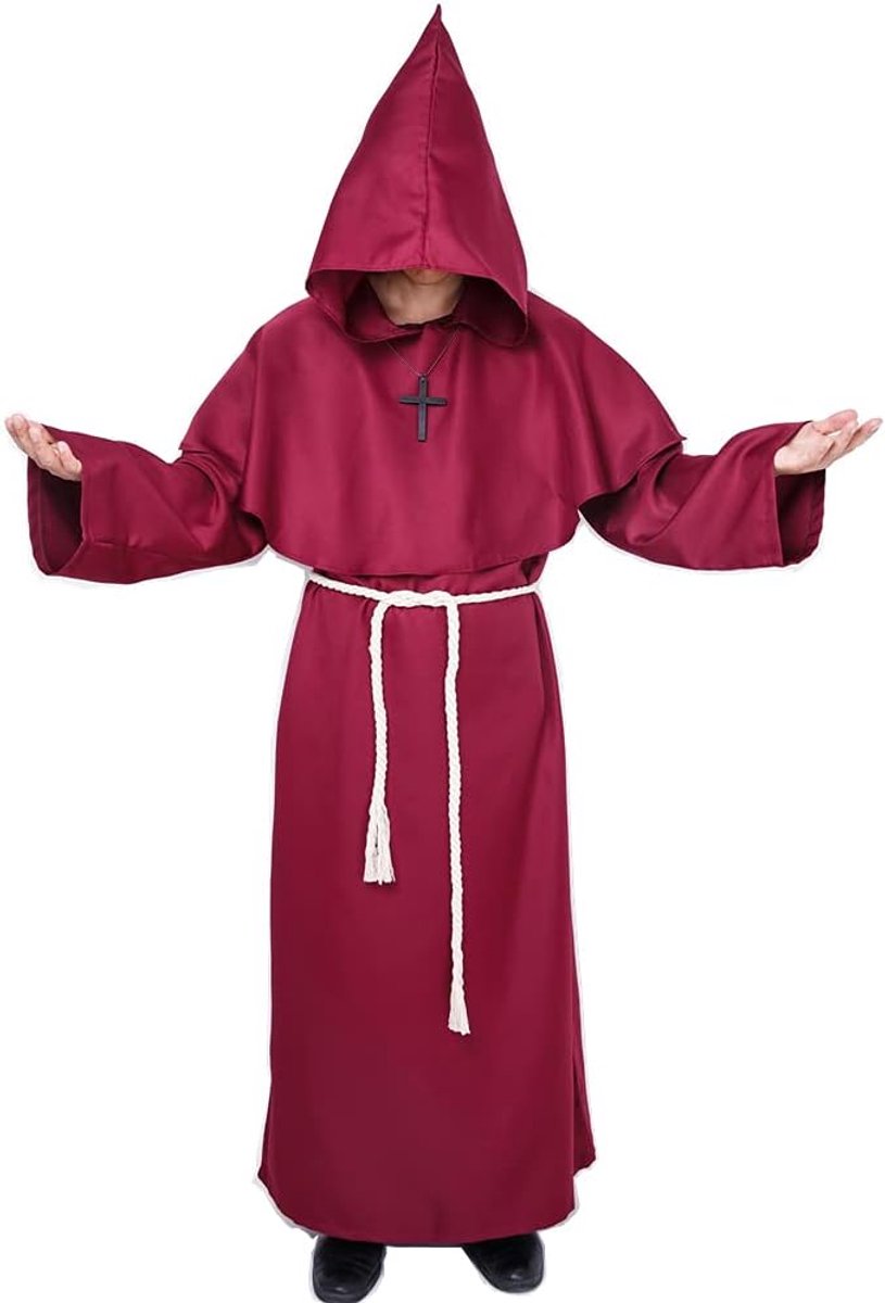 Halloween Kostuum Heren, Carnavalskostuum Mannen Carnaval Kostuum | Middeleeuwse Mantel met Capuchon Carnaval Kostuum Kleding Middeleeuwse Kleding voor Heren Volwassenen (Rood, XXL)