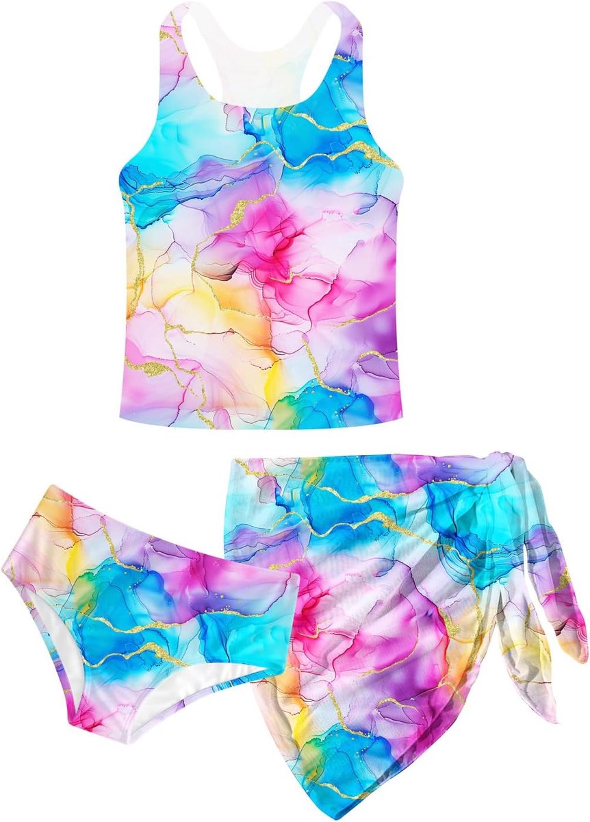 Zwemkostuum voor meisjes, 3-delig meisjesbikini, zomer, Hawaii-prints, zwempak, tankini voor kinderen, met bedekkende badpakken, vakantie, surfen, voor 8-14 jaar