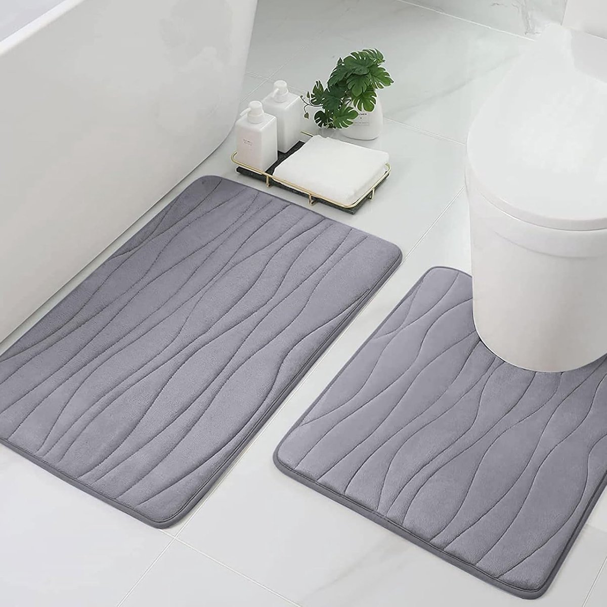 Bad- en toiletmat, schuimrubberen badkamertapijt met set van absorberend, antislip, wasbaar, 50 x 80 cm, 50 x 60 cm, grijs