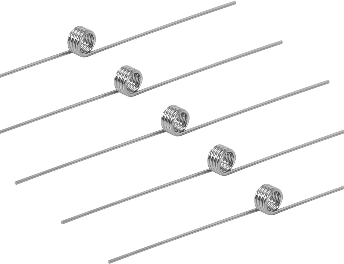 Torsieveren van roestvrij staal, draaddiameter 0,4 mm, binnendiameter 2 mm, armlengte 20 mm, hoek 180 graden, 4 omwentelingen, rechte rotatie, 0,4 x 2 x 20 mm