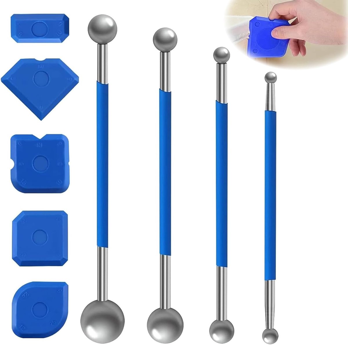 9 stuks siliconen badkamergereedschap schraper kit voeggladstrijker set 4 stuks metalen kogels trekker 5 stuks siliconen voeggladstrijkers siliconen voeggladstrijker voor badkamer keukentegels blauw