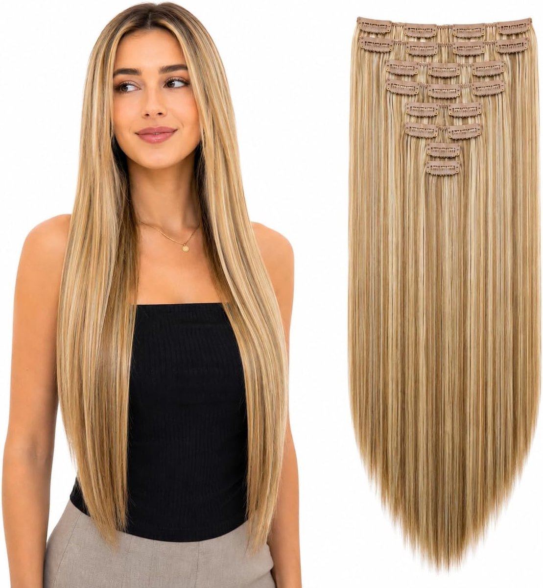 XXL 60cm 8 Delige Set Clip In Extensions Haarextensies Haarstukje Glad Donkerblond Mix CES14a