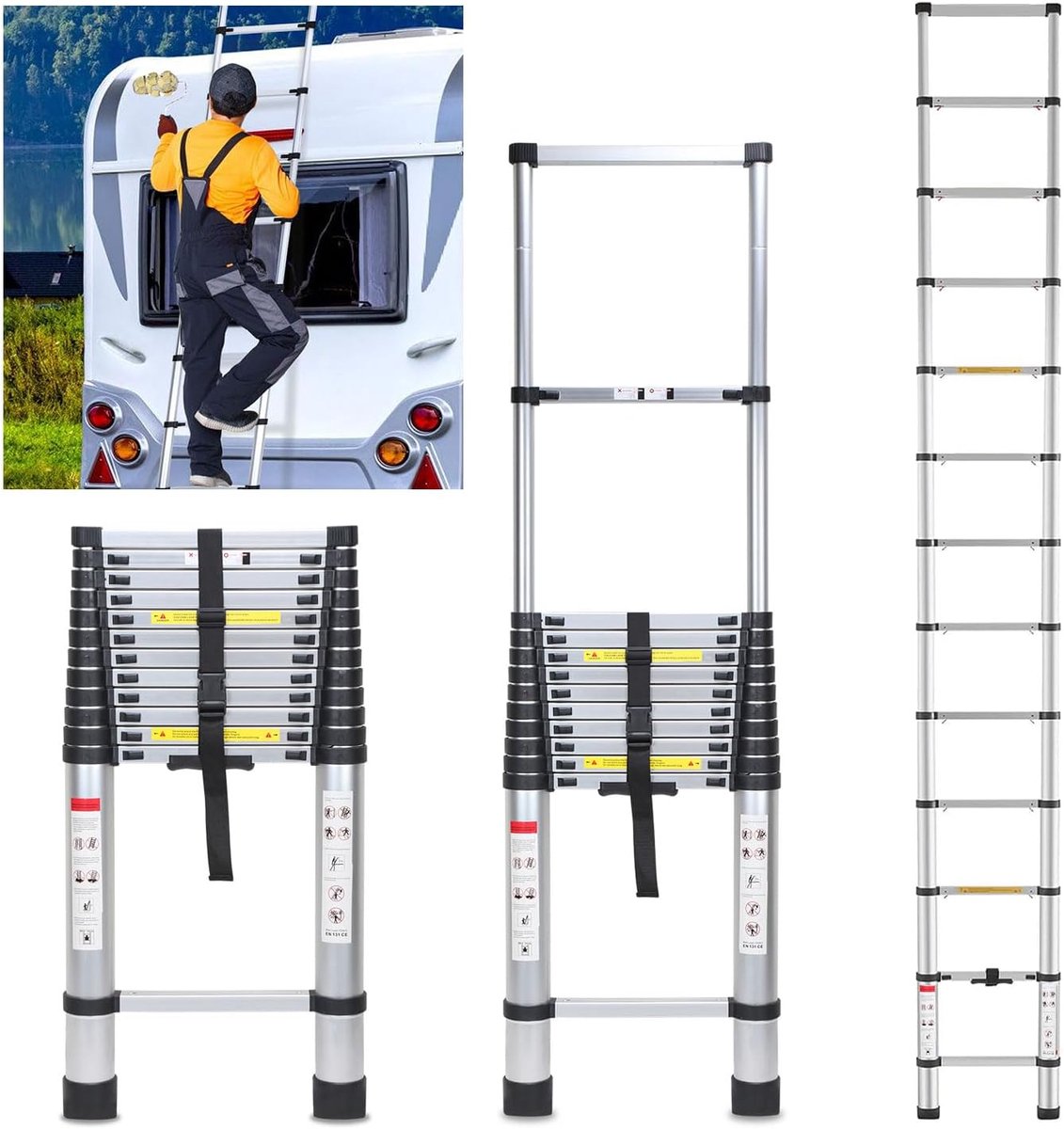 Telescopische ladder van 5 m - Maximale belasting: 150 kg - Antislip - Multifunctioneel - Uittrekbaar - Gemaakt van aluminium