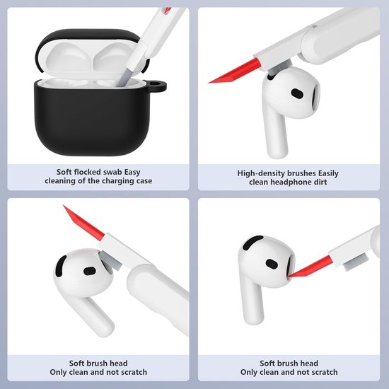Hoes Compatibel met AirPods 4th Generation hoes (2024) met reinigingsset, Beschermend Siliconen hoesje voor Airpods 4, LED vooraan zichtbaar (zwart) — afbeelding 4