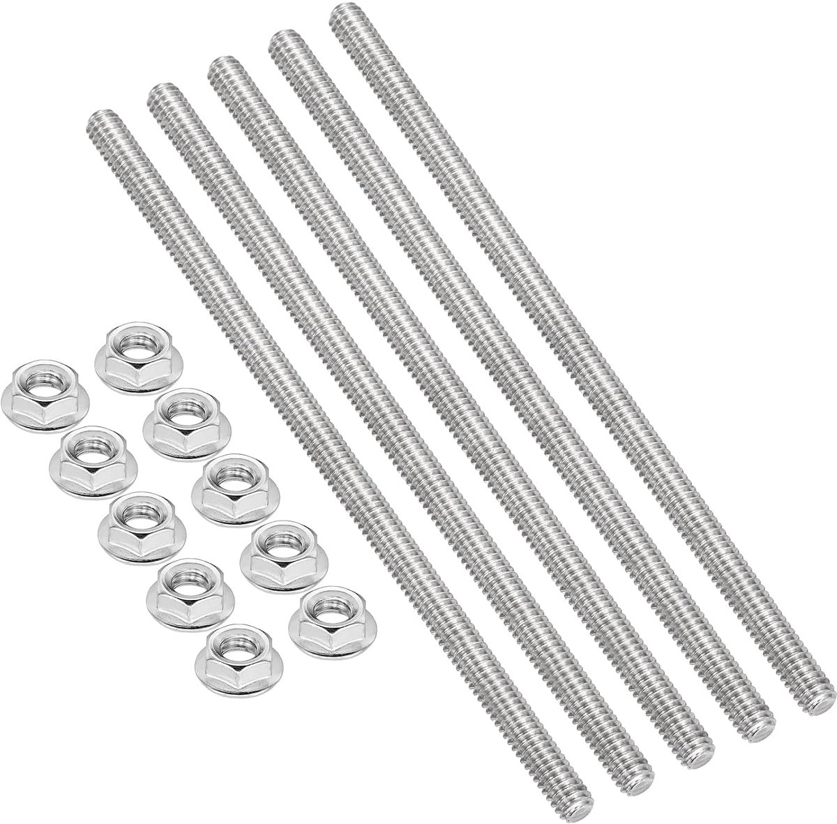 5 stuks 1/4-20 UNC x 150 mm draadstangen met zeskantmoeren 304 roestvrij staal volledige schroefdraadstangen rechtse schroefdraad met 10 stuks flensmoeren voor klemmen U-schroeven
