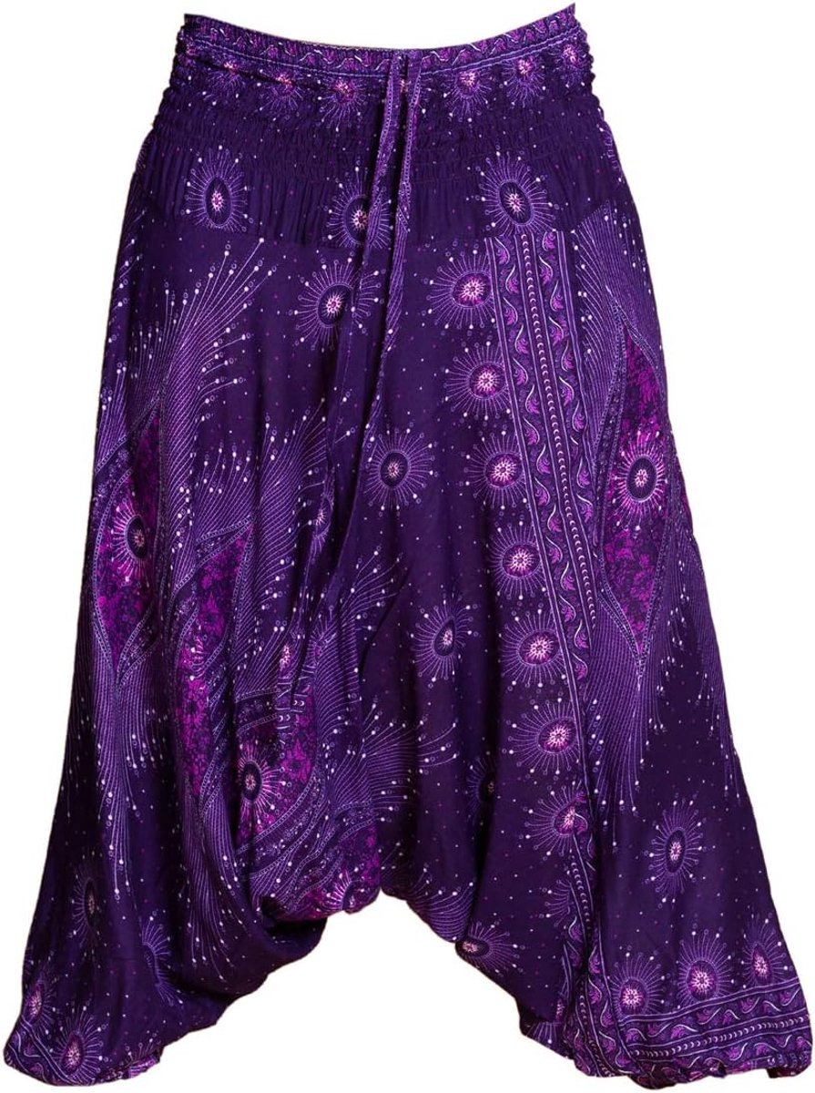 Harembroek unisex - Aladdinbroek & Jumpsuit 2-in-1-2 lengtes | 100% viscose, brede tailleband, pauwoogprint, maten L & XL, tot 2 m, Goa-broek voor yoga & vrije tijd