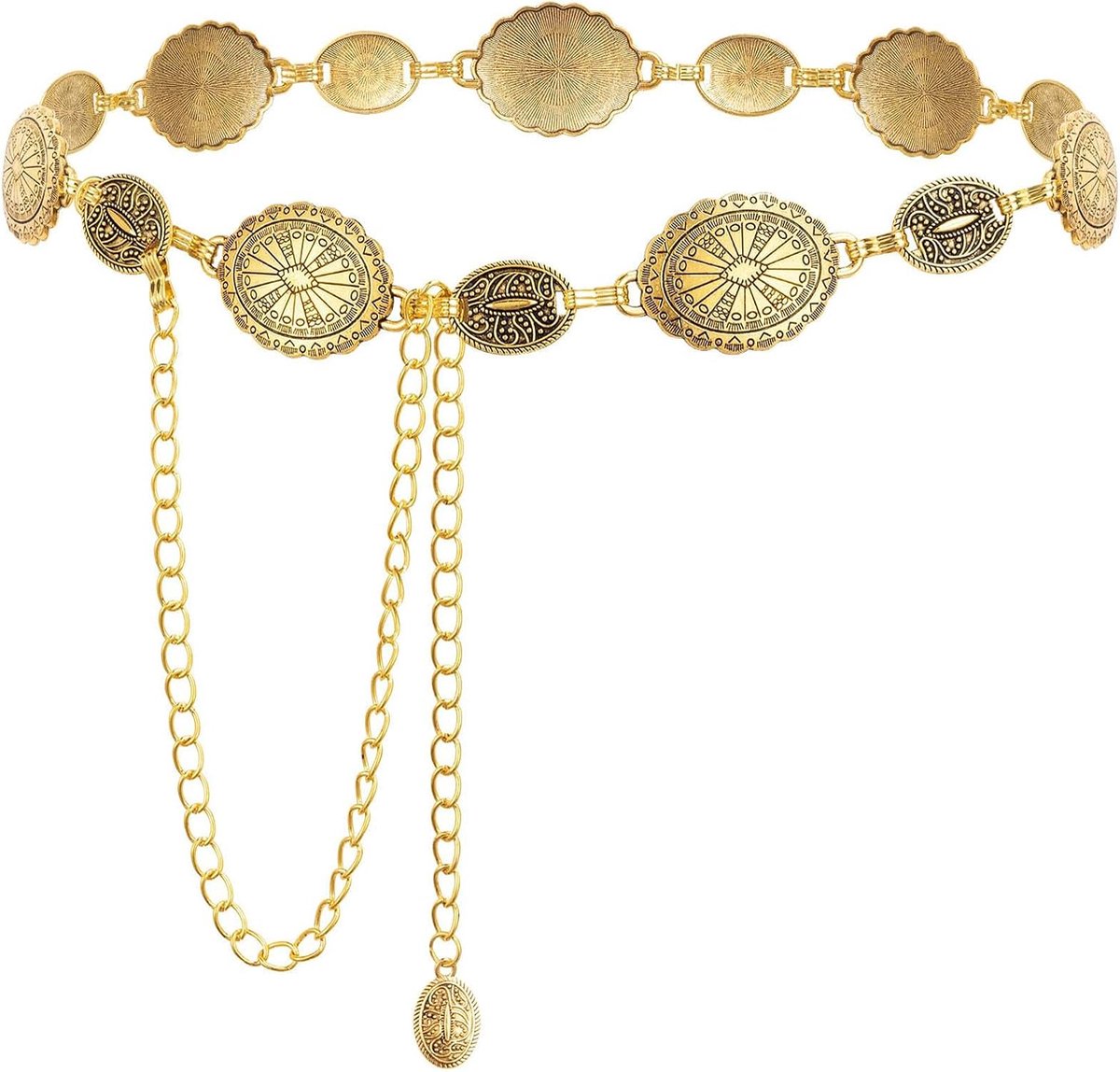 Goud, Western Gold Metal Concho Chain Belt, Vintage Opengewerkte Lange Gesp Heupriem, Boho Kettingriemen voor Vrouwen, Verstelbare Taille Kettingriem, voor Vrouwen Jurken Jean