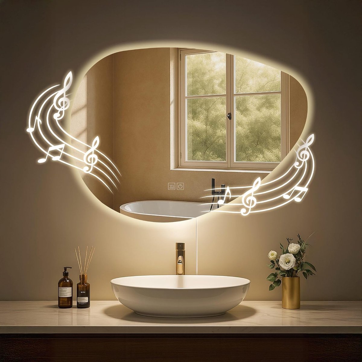Almafie Badkamerspiegel - met verlichting - met verwarming - dimbare LED wandspiegel - 3 lichtstanden - met en zonder Bluetooth, Inhoud:met Bluetooth