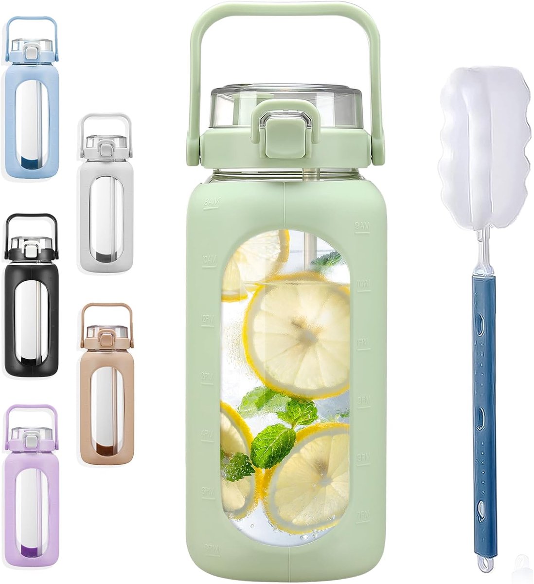 Waterflessen met rietje, tijdmarker, halve gallon, grote motiverende waterfles met siliconen hoes, 2 liter grote glazen gieter voor sportschool, sport en training, dagelijks