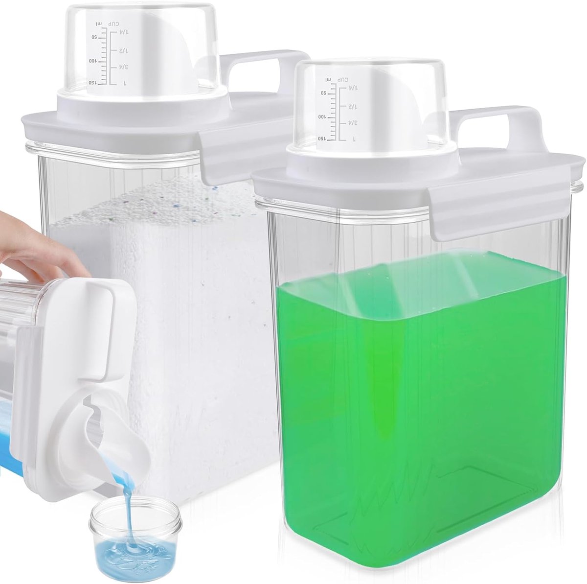 2 stuks 2000 ml luchtdichte wasmiddeldispenser met maatbeker: wasmiddel, waspoeder opbergdoos, multifunctionele waspoederdispenser, luchtdichte wasmiddeldispenser met maatbeker