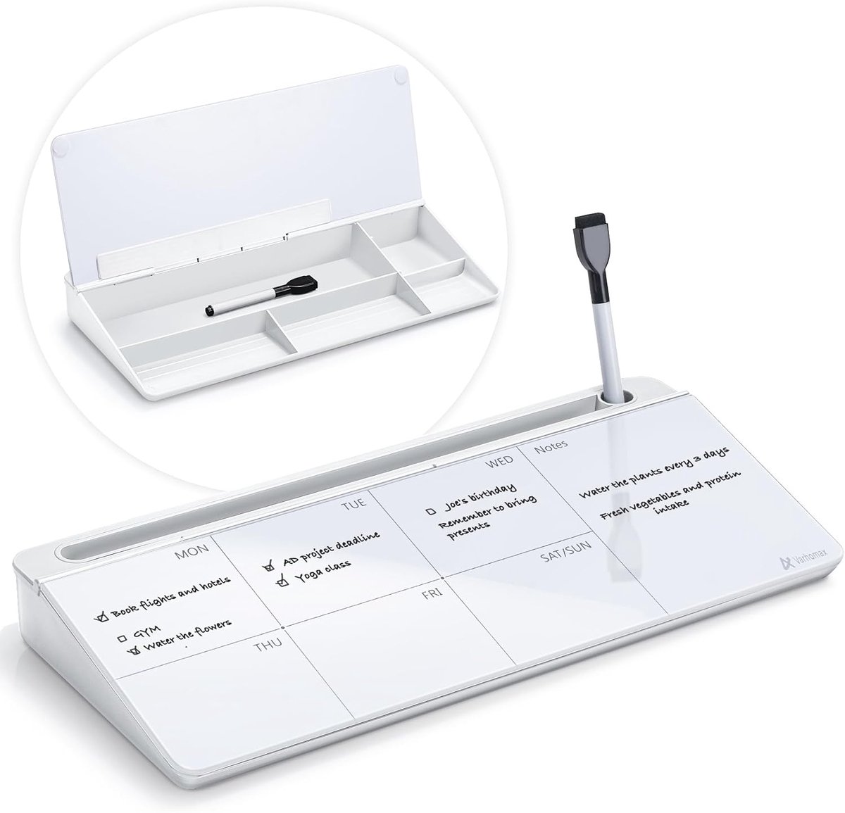 Glas Wekelijks Droog Uitwisbaar Bureau Wit Bord, Desktop to Do List Planner Whiteboard Kalender met Opslag Caddy Memo Bureau Board Buddy voor Thuis en Kantoor (Wit)