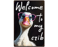 Domme Eend Metalen Borden Welkom in Mijn Huis Tinnen Borden Schattige Boerderijdier Wandplaten IJzeren Poster Kunst voor Kinderkamer Babykamer Slaapkamer Woonkamer Thuis Man Cave Cadeau