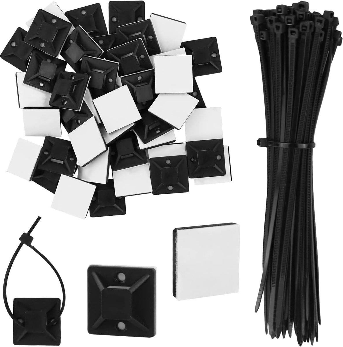 Kabelbinders zelfklevend 100 stuks - Zwarte nylon kabelbinders 150mm - Inclusief kabelbevestigingen - SnelShoppen