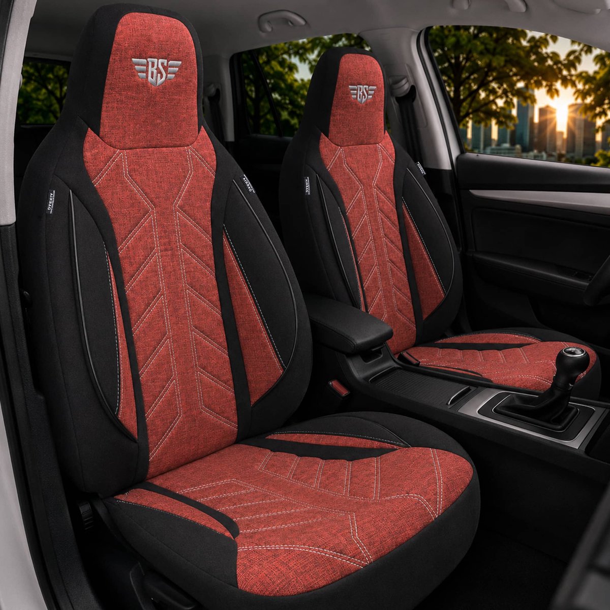 Autostoelhoezen voor VW Touareg BJ 2010-18 – Stoelhoezen voor bestuurder en passagier in Zwart/Rood