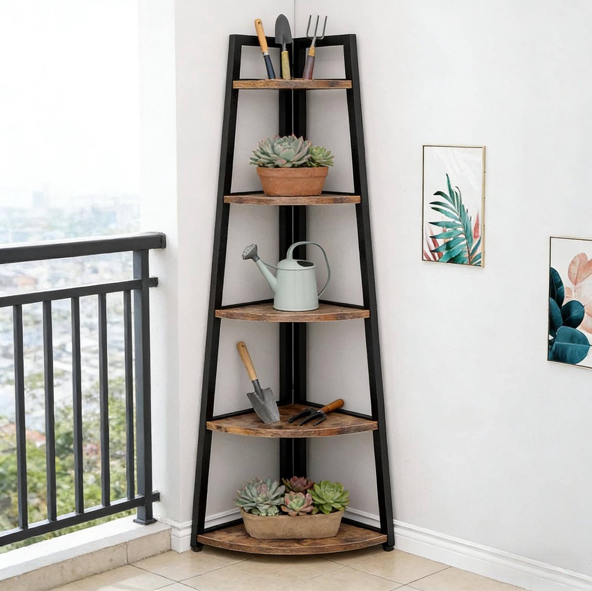 OKWISH Hoekkast – 5 Niveaus Opbergruimte – 178 x 66 x 25 cm – Hout en Metaal – Zwart en Rustiek Bruin – Voor Woonkamer en Balkon