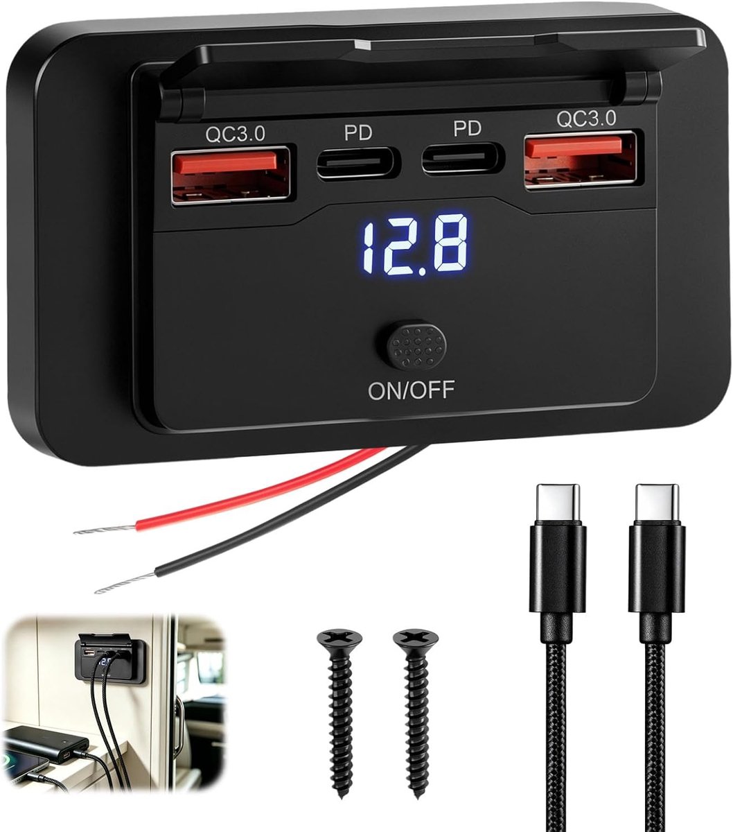 USB-stopcontact voor de auto 12 V - 76 W vermogen - 4 poorten PD en QC3.0 - ideaal voor campers - ShopVlot