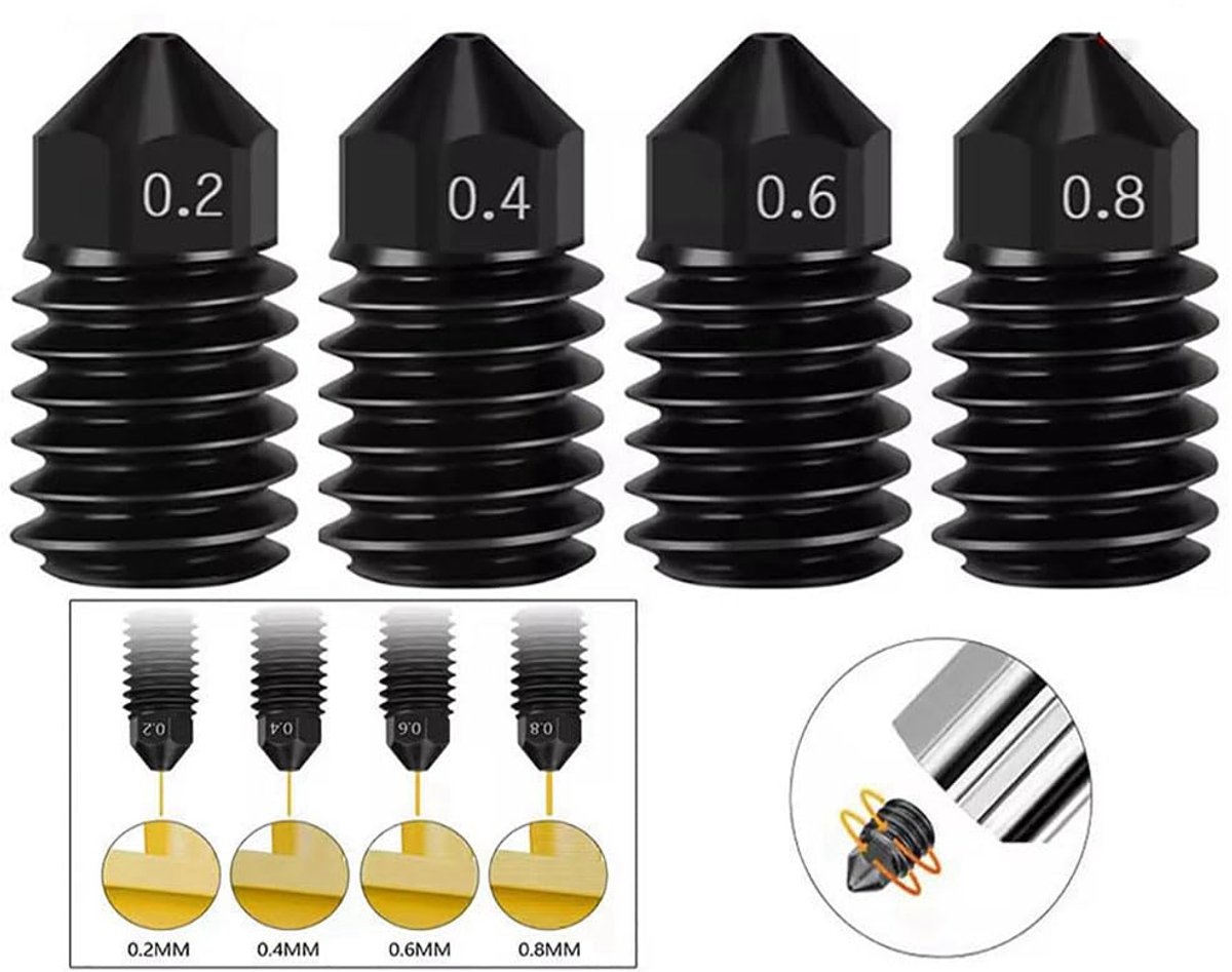 3D printer nozzles 0.2, 0.4, 0.6, 0.8mm - gehard staal - voor Bambu Lab H2D/P2S - veelzijdig gebruik - ShopVlot