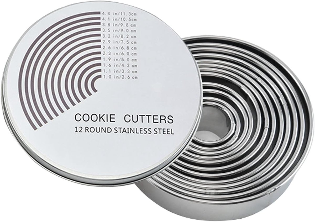 Ronde koekjesuitsteekvormen 12pcs - Stainless steel - Diverse maten 3-12cm - Perfect voor bakken - ShopVlot