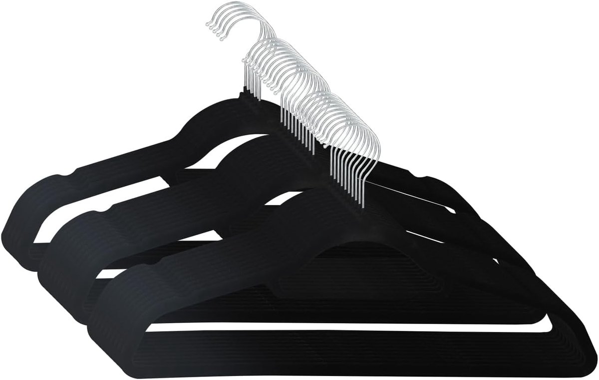Kleerhangers, set van 25 kostuumhangers, ruimtebesparend, antislip, fluweel, zwart