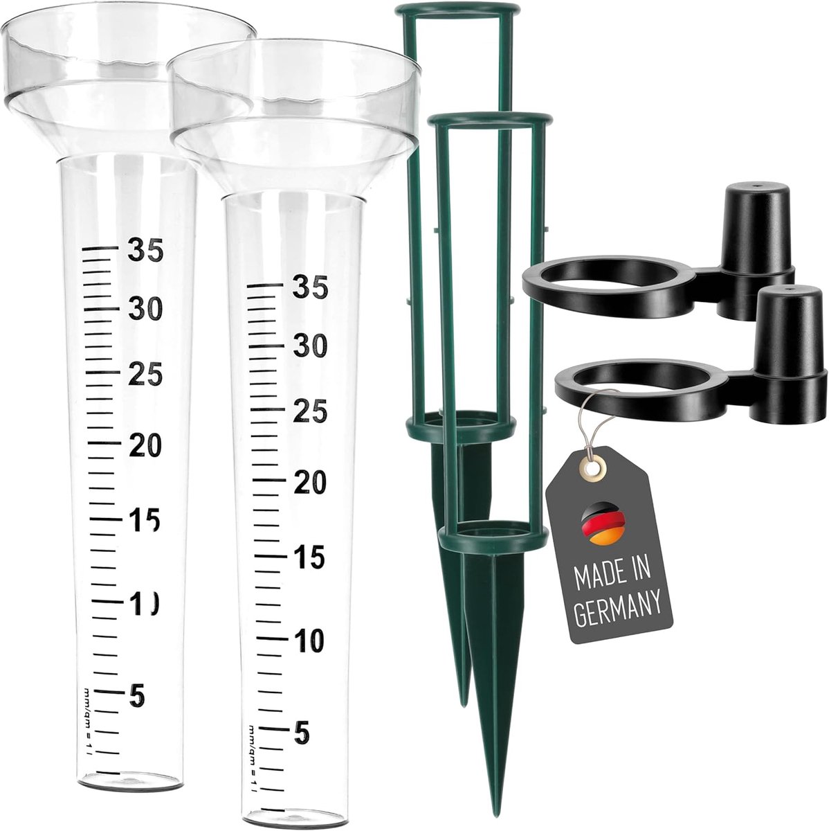 Regenmeters met grondpen en houder in set 24 cm | Beker voor regenwatermeting tuinberegening | Neerslagmeter kunststof glas weerbestendig stabiel voor tuin buitengebied