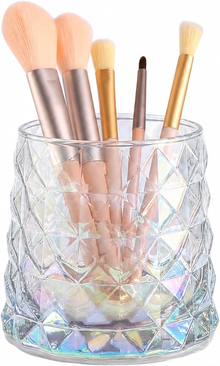Glazen make-up borstelhouder organizer, kristallen cosmetische make-up borstels opberghouder, make-up borstelhouder, vintage gestreepte make-up beker bureau pen potloodhouder