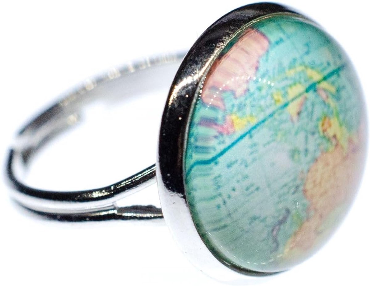 Cabochon-ring met wereldkaart, handgemaakt modesieraad, vingerring met motief, verstelbaar, één maat, 16 mm, Kunststof