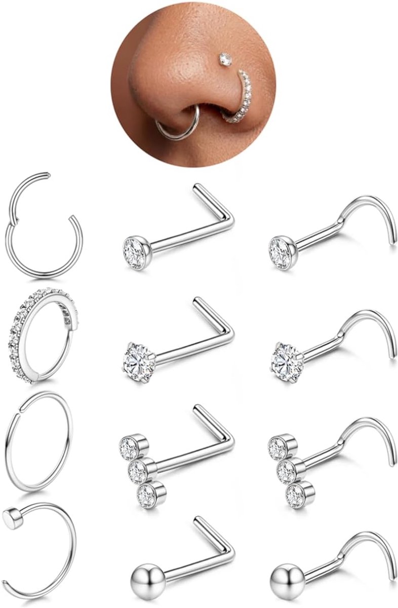 Neuspiercing-set, 12 stuks, 20 g, 316L chirurgisch staal, met scharnier, naadloze C-steen, S- en L-vormige neuspiercing