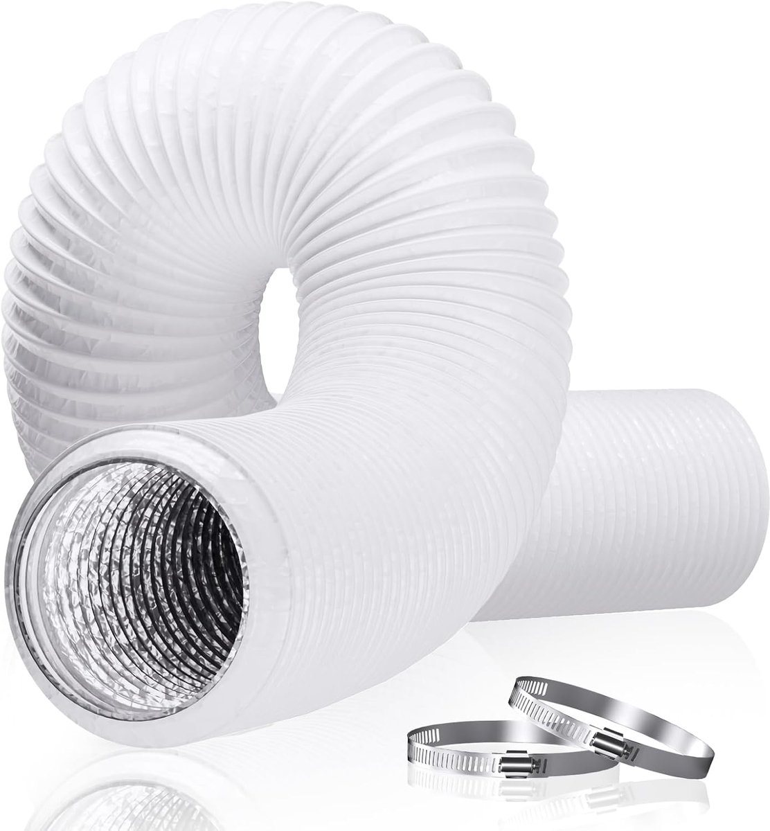 150mm Flexible Ducting 6 Inch Aluminium PVC Air Conditioner Hose with 2 Clamps, 5m Heavy Duty Vent Pipe for Portable AC, Extractor Fan, Tumble Dryer, Ventilation System, White