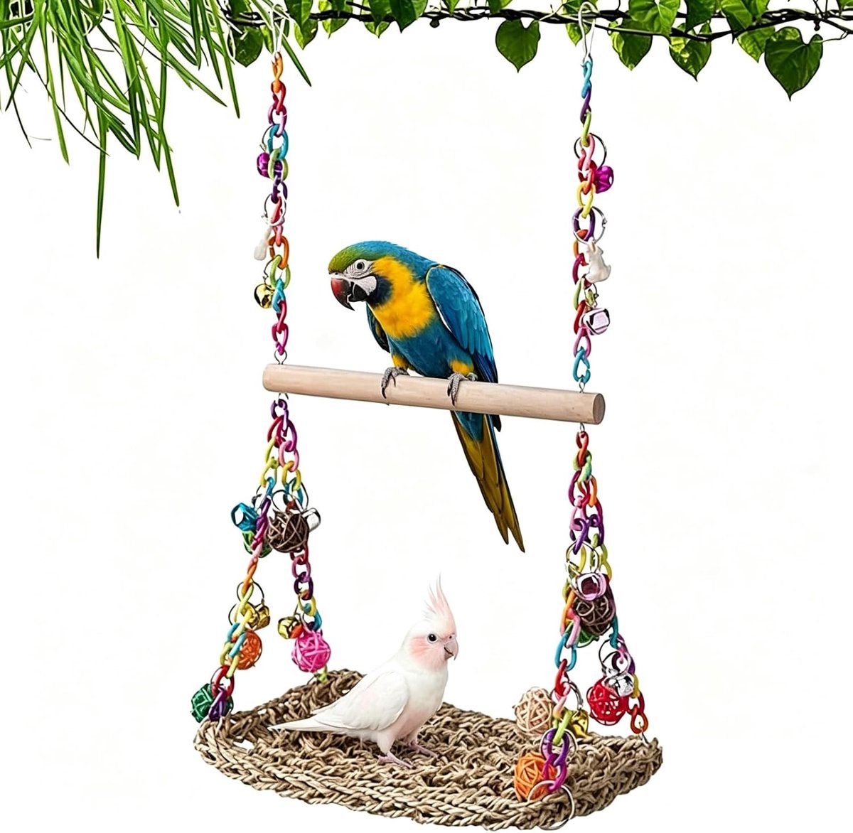 Speelgoed voor parkieten, vogelschommel, papegaaienspeelgoed van hout en rotan, parkiet, speelgoed voor vogelkooi, accessoires met bel, hangmat, vogelspeelplaats voor parkieten, parkieten