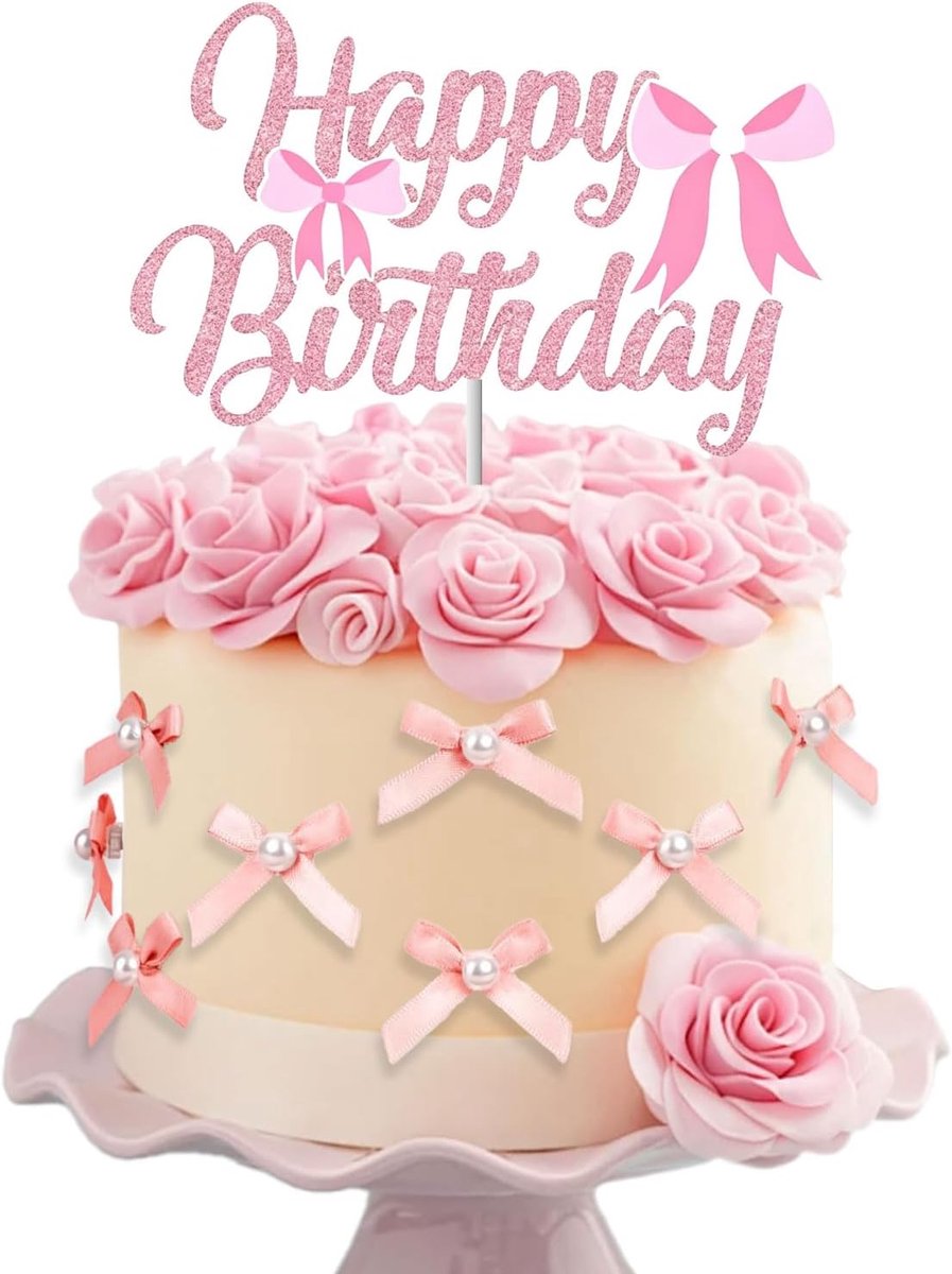 13 stuks roze strik taarttoppers, Happy Birthday taarttopper met parels, coquette taartdecoratie voor verjaardag, babyshower, vrijgezellenfeest en diploma-uitreiking