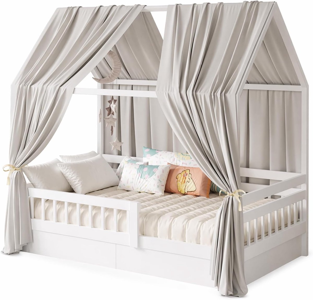 2 stuks huisbed, hemelset, mousseline bedluifel voor kinderbed, zachte en ademende luifel voor huisbed, bedgordijn voor kinderkamer, decoratie (lichtgrijs, 270 x 67 cm)