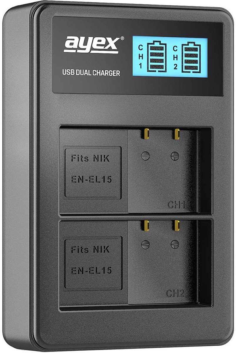 Dual USB-lader voor Nikon EN-EL15 accu's - opladen via USB-stekker, laptop of powerbank - LCD-display met laadstandindicator